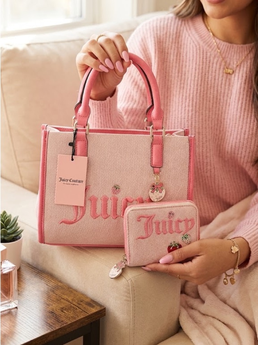 Juicy Couture Pink Denim "Berry Sweet" Mini Satchel Bag & Wallet NWT
